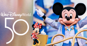Mickey and Minnie join in Walt Disney World's 50th anniversary festivities, surrounded by vibrant decorations and dazzling colors that fill the park with excitement—capturing the magic of a Walt Disney World Sweepstakes celebration.