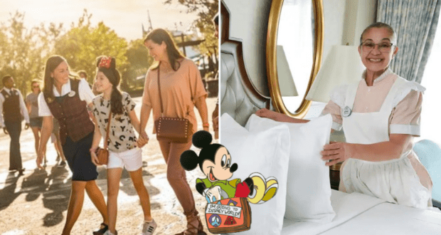 Visitors stroll through Disneyland alongside their guide, possibly thinking about rewarding Cast Members for making their day magical; elsewhere, a cheerful housekeeping Cast Member brightens a sunlit hotel room as she expertly prepares the bed.