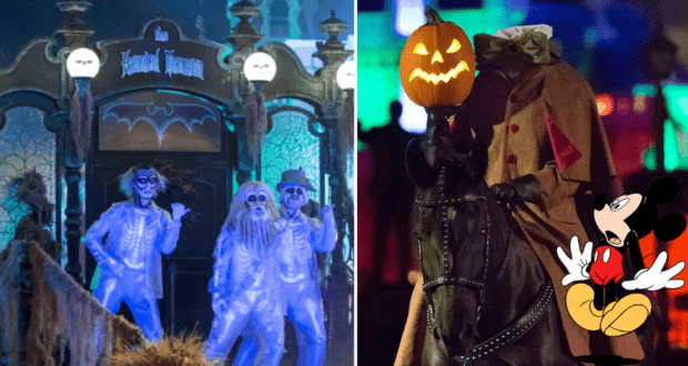 Iconic Haunted Mansion ghosts appear on the left, joined by the legendary Headless Horseman from Disney lore on the right, while an adorable illustration of Mickey Mouse adds a whimsical Disney touch in the lower right corner.