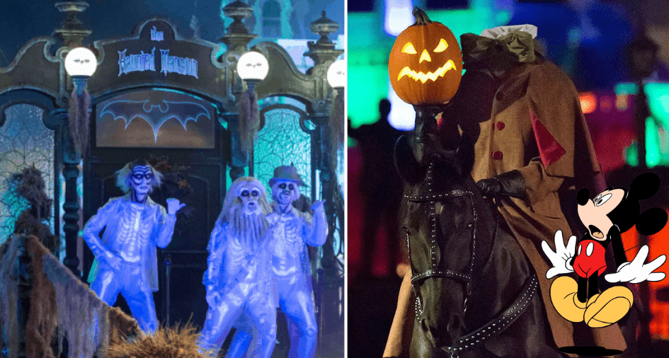 Iconic Haunted Mansion ghosts appear on the left, joined by the legendary Headless Horseman from Disney lore on the right, while an adorable illustration of Mickey Mouse adds a whimsical Disney touch in the lower right corner.