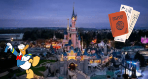 The iconic Disney castle glowing at dusk, with Donald Duck welcoming visitors beside a passport, plane tickets, and a colorful “Online Passport Renewals Disney” sign—inviting guests to magical adventures at the park.
