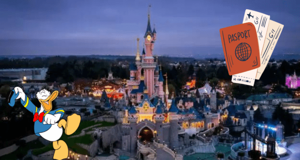 The iconic Disney castle glowing at dusk, with Donald Duck welcoming visitors beside a passport, plane tickets, and a colorful “Online Passport Renewals Disney” sign—inviting guests to magical adventures at the park.