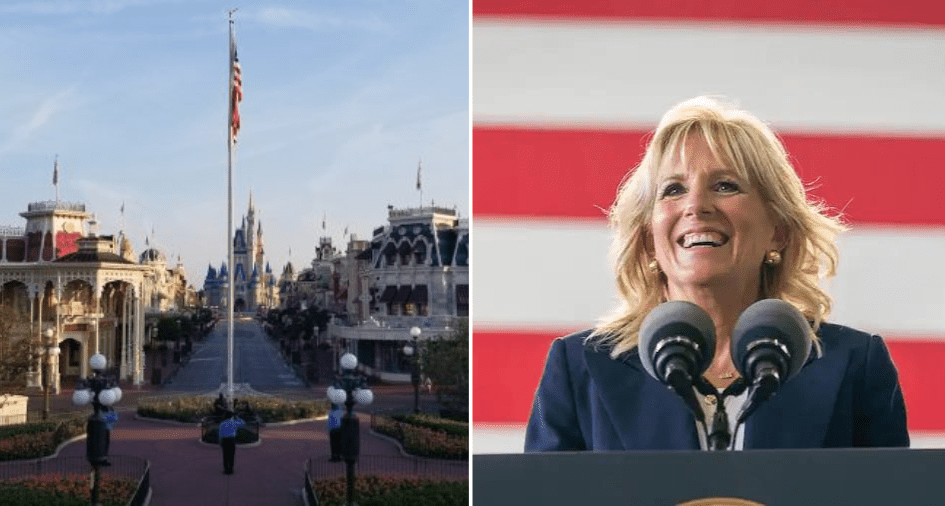Side-by-side image: On the left, guests stroll down Main Street, U.S.A. at Disney World with Cinderella Castle in the distance; on the right, First Lady Jill Biden gives a speech at a podium with an American flag backdrop.