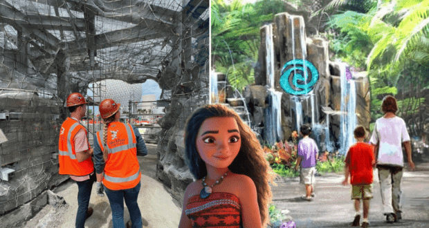 Cast Members in bright orange vests prepare a new attraction at EPCOT, while Moana leads children on the immersive Journey of Water adventure, exploring waterfalls and interactive water features in a vibrant animated setting.