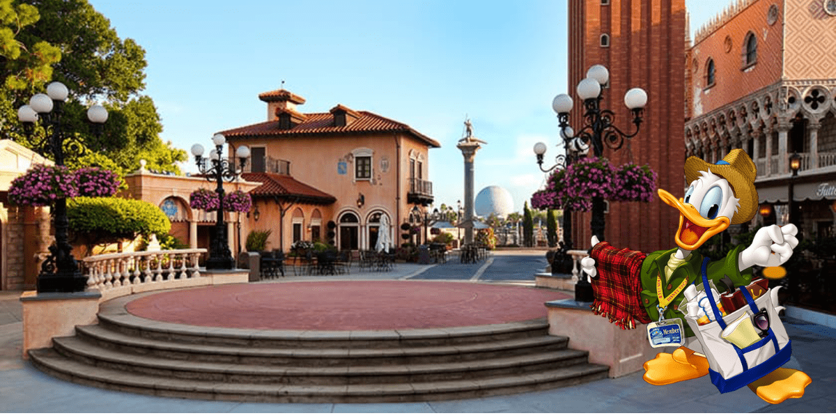 Donald Duck, carrying his travel bag, greets guests in the heart of EPCOT’s Italy pavilion with Spaceship Earth rising grandly in the background—a classic Disney World scene perfect for Kidcot fans and theme park enthusiasts alike.