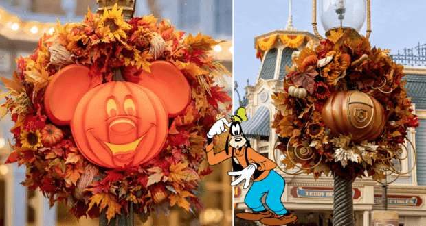 Celebrate the magic of Disney World with two festive autumn wreaths featuring iconic Mickey Pumpkin faces and vibrant fall leaves, highlighted by a playful Goofy cartoon figure at the center—perfect for bringing that signature Disney flair to your seasonal decorations.