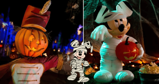 A festive Halloween display at Disney Parks featuring a scarecrow, a mummy Mickey Mouse statue, and playful art with pumpkin buckets—highlighted by the fan-favorite Mickey Mummy Popcorn Bucket—all glowing against a nighttime backdrop.