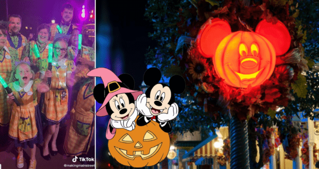 Guests dressed in coordinating Halloween outfits enhanced with glow sticks join the festivities alongside a Mickey pumpkin and beloved characters like Minnie and Mickey in their special Halloween attire, capturing the enchanting spirit of Mickey’s Not-So-Scary Halloween Party at Disney World.