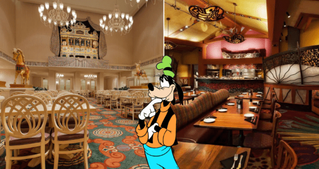 Goofy stands thoughtfully amid a vibrant, whimsical blend of two iconic Disney Monorail restaurant interiors, surrounded by colorful décor and imaginative details.