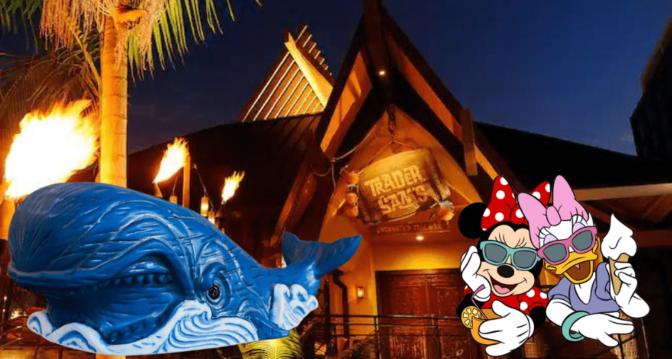 The giant blue whale statue joins Minnie Mouse and Daisy Duck, both rocking sunglasses, as they show off a Monstro Tiki Mug from Trader Sam’s tiki bar under the nighttime lights.
