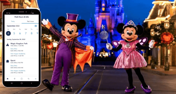 Mickey and Minnie Mouse dressed in playful Halloween costumes pose beside a smartphone showing Disney World Park Hours and essential visitor information.