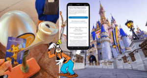 Disney ticket and MagicBand scanner, Cinderella Castle, the Disney park app on a smartphone, and Goofy—capturing the thrill of securing your Disney Park Pass reservation as an Annual Passholder.