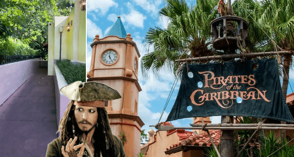 The famous Pirates of the Caribbean marquee greets adventurers outside the clock tower, shaded by lush palm trees, while a costumed pirate stands guard along the winding entrance path, capturing all the swashbuckling excitement of this classic Disney attraction.
