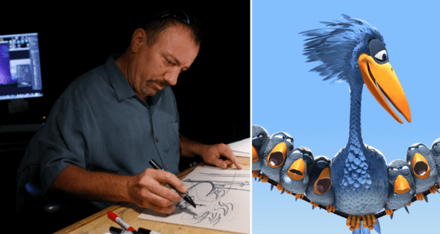 A creatively inspired artist sketches away in a themed animation studio, while a lively 3D blue bird—straight out of a heartwarming animated film—perches nearby with its whimsical flock on a wire, capturing the playful atmosphere and signature visual charm found in beloved family attractions.