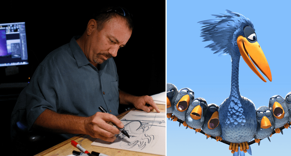 A creatively inspired artist sketches away in a themed animation studio, while a lively 3D blue bird—straight out of a heartwarming animated film—perches nearby with its whimsical flock on a wire, capturing the playful atmosphere and signature visual charm found in beloved family attractions.
