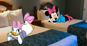 Daisy Duck and Minnie Mouse relax on separate beds inside a Disney Resort hotel room, smiling cheerfully with their heads resting on their arms, capturing the magical comfort of a Disney vacation.