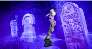 A worried animated character navigates a fog-shrouded, purple-hued graveyard filled with witty gravestone puns, capturing the spooky-fun vibe of a classic Disney haunted attraction.