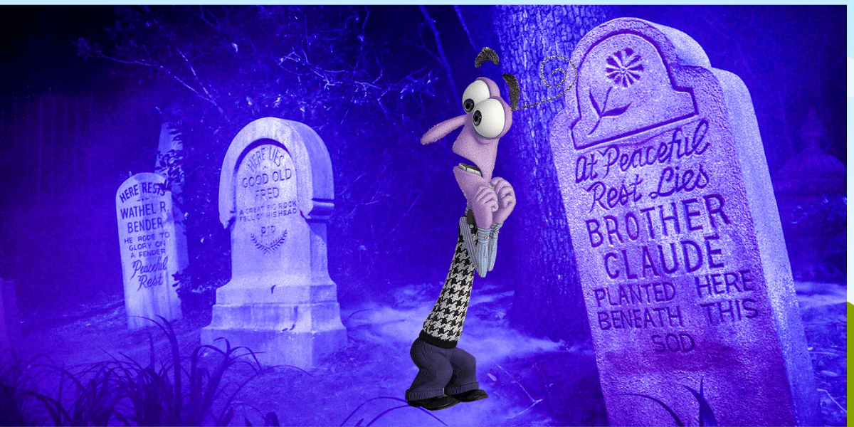 A worried animated character navigates a fog-shrouded, purple-hued graveyard filled with witty gravestone puns, capturing the spooky-fun vibe of a classic Disney haunted attraction.