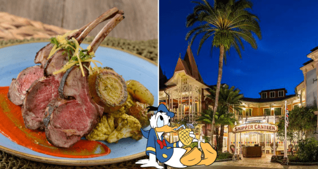 A gourmet rack of lamb is presented on a vibrant blue plate, embodying the adventurous dining experience found at Disney’s Skipper Canteen. In the background, the Skipper Canteen restaurant shines under the night sky in Magic Kingdom, highlighted by a cheerful Donald Duck illustration that welcomes guests into its whimsical, story-filled atmosphere.