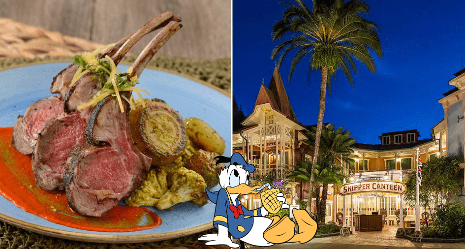 A gourmet rack of lamb is presented on a vibrant blue plate, embodying the adventurous dining experience found at Disney’s Skipper Canteen. In the background, the Skipper Canteen restaurant shines under the night sky in Magic Kingdom, highlighted by a cheerful Donald Duck illustration that welcomes guests into its whimsical, story-filled atmosphere.