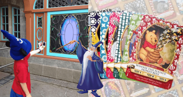 A young sorcerer in a wizard hat casts spells at a Magic Kingdom portal during Sorcerers of the Magic Kingdom, interacting with spell cards and animated Disney villains onscreen.