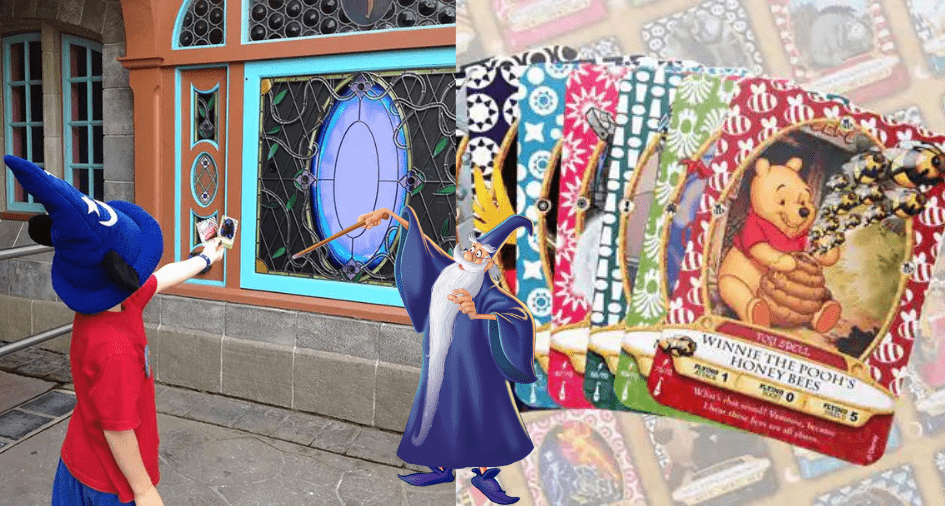 A young sorcerer in a wizard hat casts spells at a Magic Kingdom portal during Sorcerers of the Magic Kingdom, interacting with spell cards and animated Disney villains onscreen.