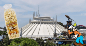 A bag of popcorn and a classic Goofy cartoon pop off the image, set against the iconic peaks of Space Mountain at Disneyland—a dream combo for any Disney fan looking to snack and unwind after a thrilling ride.