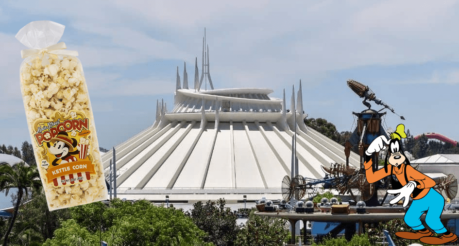 A bag of popcorn and a classic Goofy cartoon pop off the image, set against the iconic peaks of Space Mountain at Disneyland—a dream combo for any Disney fan looking to snack and unwind after a thrilling ride.