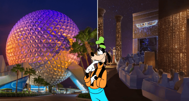 Spaceship Earth’s iconic geodesic dome glowing at sunset, Goofy entertaining guests, and visitors enjoying an illuminated dark ride with vibrant effects at EPCOT.