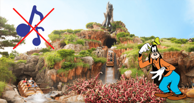 Entrance to a log flume ride featuring a sign that playfully bans the Splash Mountain Soundtrack, with a cartoon dog character and whimsical cartoon thorns setting the scene.
