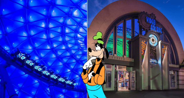 A vibrant, blue-lit geometric ceiling inspired by TRON Lightcycle / Run glows on the left, capturing that signature Tomorrowland energy. On the right, Goofy welcomes guests in front of a dazzlingly illuminated arcade entrance at night, ready for classic Disney fun and photo ops.