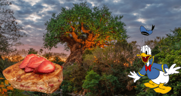 A colorful DuckTales-style duck, a playful strawberry dessert, and an oversized rainforest tree come together in a lively, imaginative outdoor scene reminiscent of the Rainforest Cafe at Disney’s Animal Kingdom.