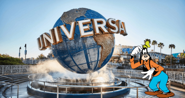 Goofy happily greets guests as a Universal Orlando Chaperone beside the iconic Universal Studios globe fountain under clear blue skies.