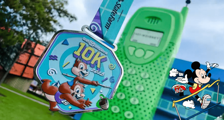 Disney 10K medal featuring Chip and Dale, a playful green toy phone, and Mickey Mouse triumphantly crossing the finish line—a fun tribute to the creative spirit of Walt Disney World Marathon Weekend Medals.