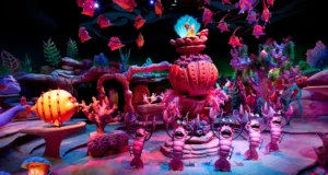 Vibrant undersea world with lively sea creatures and glowing coral, channeling The Little Mermaid ride’s magical Disney energy.
