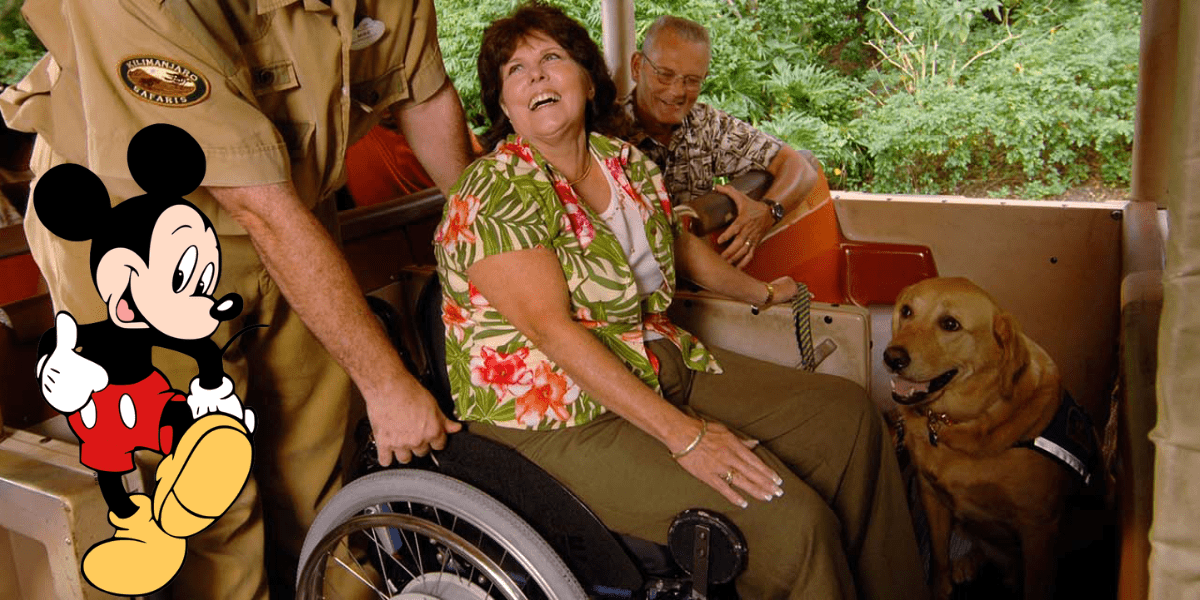 Experience Disney World’s commitment to accessibility as a guest in a wheelchair, accompanied by her service dog and assisted by friendly staff, enjoys the tram ride with another park-goer. A joyful Mickey Mouse graphic adds an extra dose of magic to the scene.