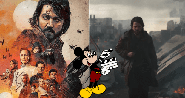 Mickey Mouse holding a clapperboard at Disney World, standing beside displays from the Star Wars series "Andor" as thrilling moments from the Andor trailer play on screens in the background.