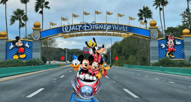 Beloved Disney characters zip down an open road on a rocket, approaching the famous Walt Disney World entrance, excited for all the unforgettable adventures waiting inside the park.