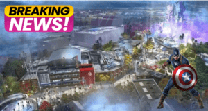 Breaking news graphic set against Avengers Campus, with Captain America front and center holding his iconic shield, capturing the thrilling atmosphere of this blockbuster Disney Parks attraction.