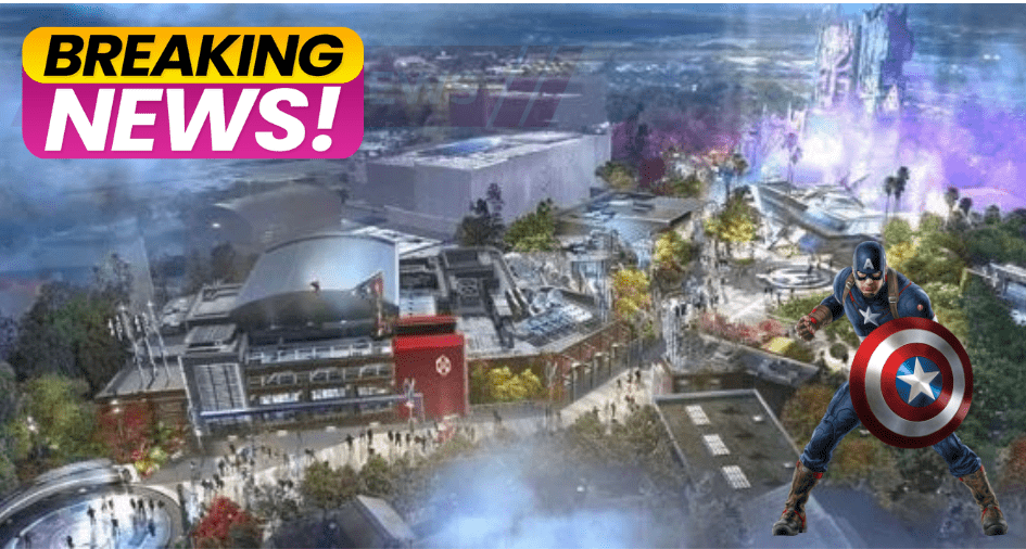 Breaking news graphic set against Avengers Campus, with Captain America front and center holding his iconic shield, capturing the thrilling atmosphere of this blockbuster Disney Parks attraction.