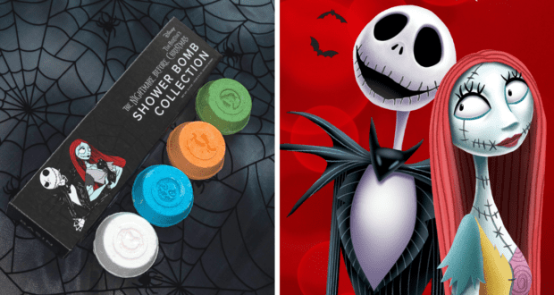 A set of whimsical shower bombs and a Nightmare Before Christmas limited-edition box from Basin at Disney Springs rest on spiderweb-patterned fabric, with Jack Skellington and Sally showcased on a striking red backdrop—a must-see find for fans exploring Disney’s immersive shopping district.