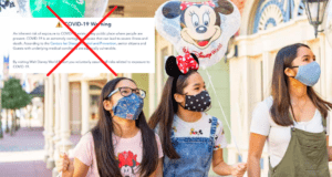 Guests in masks stroll through Disney World; one carries a classic Minnie Mouse balloon. The usual Disney COVID-19 safety notice appears, but it's been crossed out.