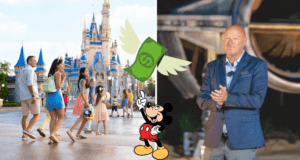 A family enjoying Disney World, Mickey Mouse tossing dollar bills in the air, and an executive clapping together showcase the vibrant energy of Bob Chapek’s era at the parks—where magical moments blend with lively celebration and corporate excitement.