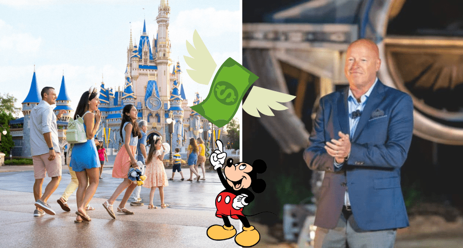 A family enjoying Disney World, Mickey Mouse tossing dollar bills in the air, and an executive clapping together showcase the vibrant energy of Bob Chapek’s era at the parks—where magical moments blend with lively celebration and corporate excitement.