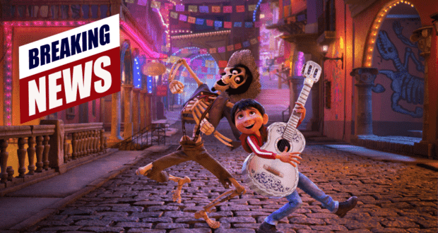 Miguel strums his guitar alongside Hector as they dance down a vibrant, Coco-inspired street in Magic Kingdom, while a bold "Breaking News" graphic pops on the left, capturing the excitement of Disney’s immersive entertainment.