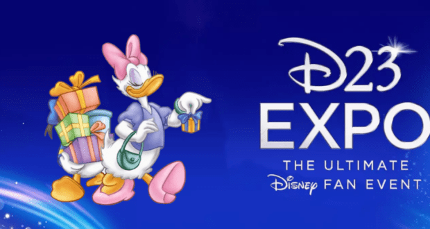 Daisy Duck presents colorful gifts next to the "D23 Expo: The Ultimate Disney Fan Event" logo on a vibrant blue background, highlighting special Disney merchandise releases at ShopDisney for all D23 fans.