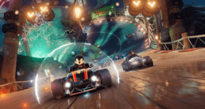 Mickey Mouse speeds along a dazzling, illuminated race track in Disney Speedstorm, thrilling fans as he competes closely with another racer for the finish line.