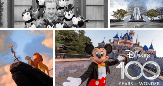 Collage showcasing Disney magic: classic animation characters, Epcot’s iconic Spaceship Earth, the memorable Lion King stage scene, Mickey Mouse greeting guests, Disneyland attractions, and the Disney 100 Years of Wonder celebration logo.