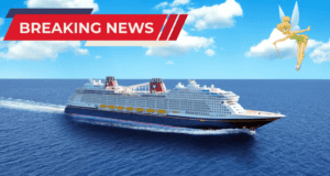 The Disney Cruise Line glides across vibrant blue waters, highlighted by an exciting "Breaking News" banner, as Tinker Bell adds a sprinkle of pixie dust overhead.