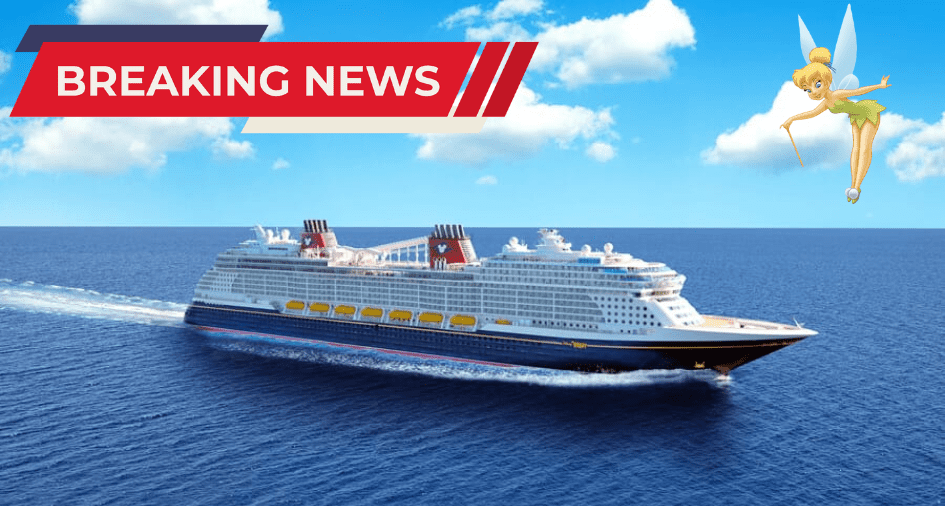 The Disney Cruise Line glides across vibrant blue waters, highlighted by an exciting "Breaking News" banner, as Tinker Bell adds a sprinkle of pixie dust overhead.